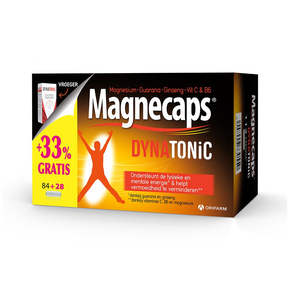 Doos MAGNECAPS® Dynatonic. Opschrift: +33 % GRATIS. Bevat magnesium, guarana, ginseng, Vit C & B6.