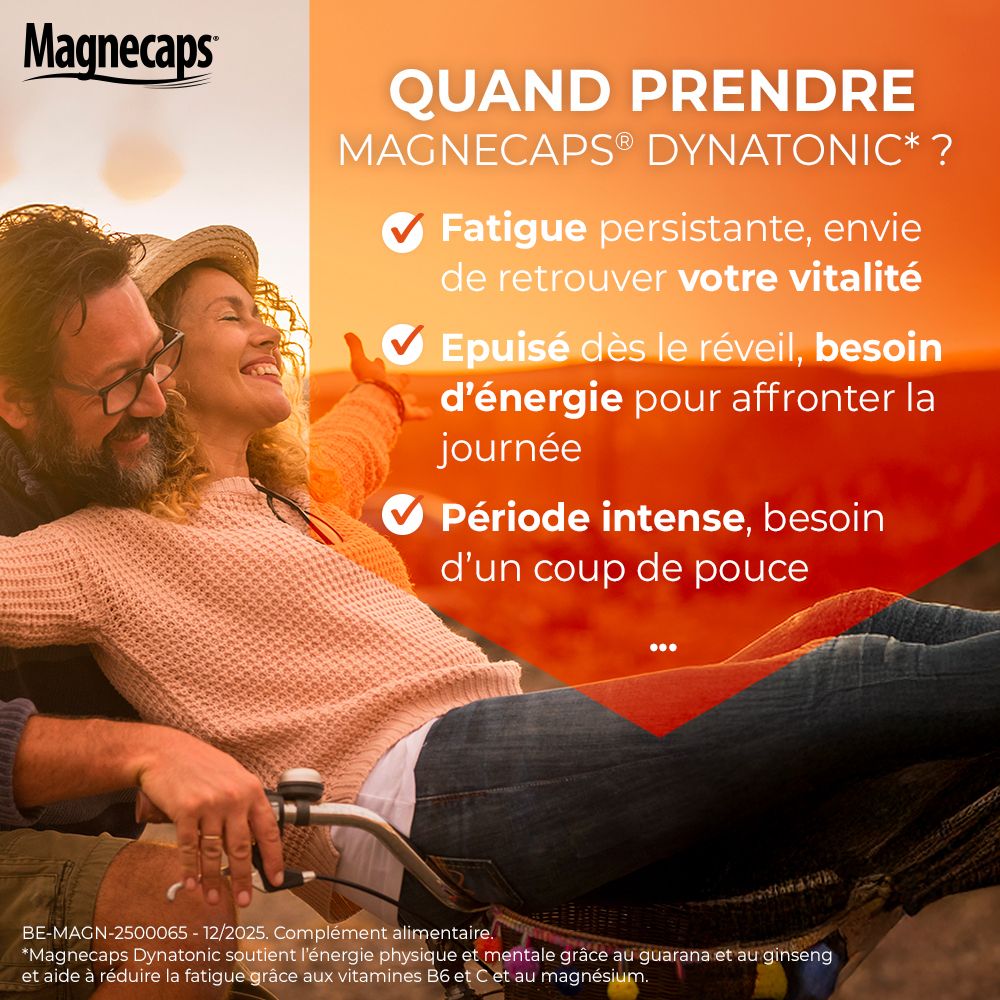 Boîte MAGNECAPS® Dynatonic. Inscription : +33 % GRATUIT. Contient magnésium, guarana, ginseng, Vit C & B6.