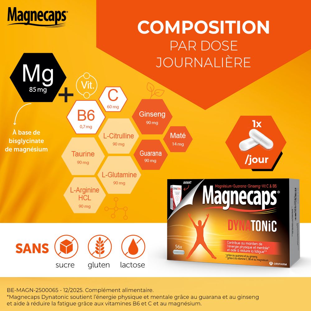 Boîte MAGNECAPS® Dynatonic. Inscription : +33 % GRATUIT. Contient magnésium, guarana, ginseng, Vit C & B6.