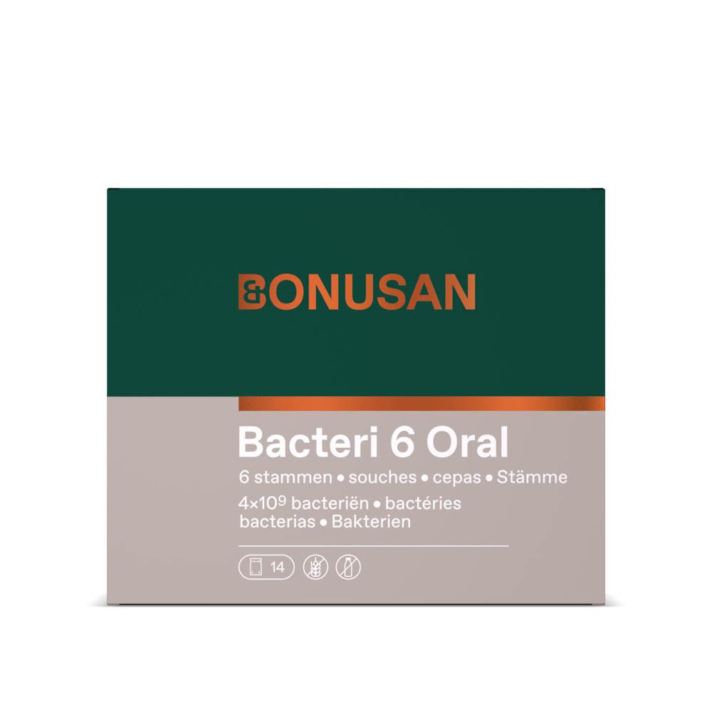 Productverpakking. Merk Bonusan. Productnaam: Bakteri 6 Oral. Bevat 14 sachets. Groen-grijze kleuren.