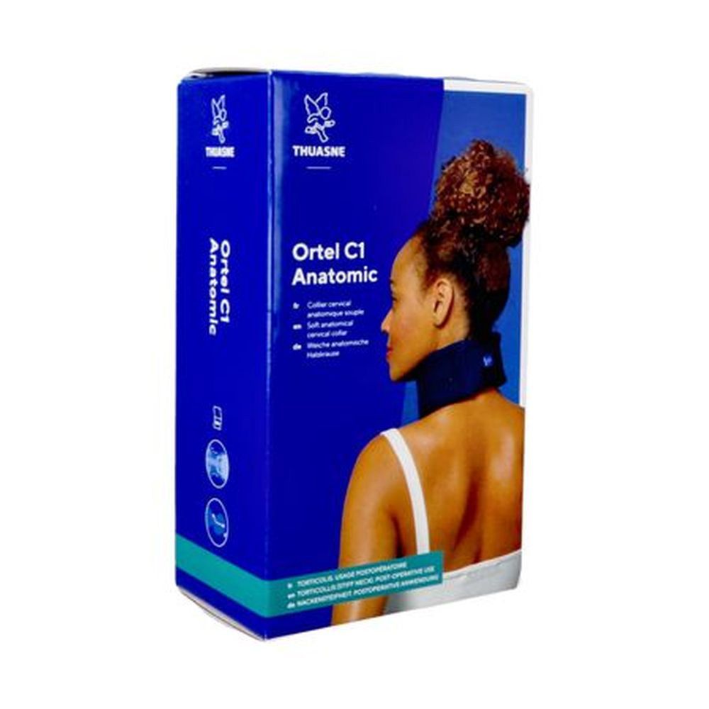 Blauwe en witte productverpakking met "Ortel C1 Anatomic". Een vrouw draagt een blauwe halskraag. Merk: Thuasne.