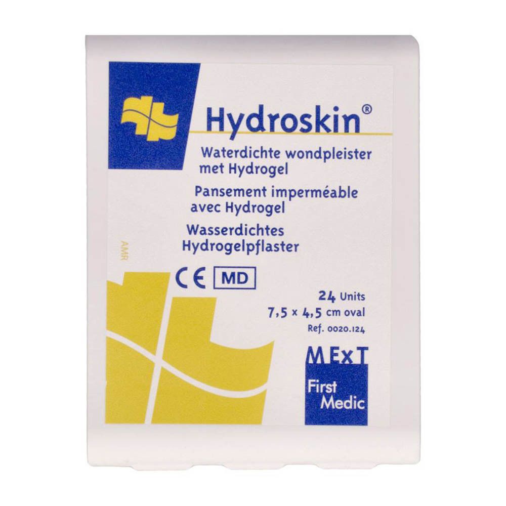 Emballage de pansements Hydroskin® imperméables avec hydrogel. Ovales, 7,5 x 4,5 cm. 24 unités. Marque MEXT First Medic.
