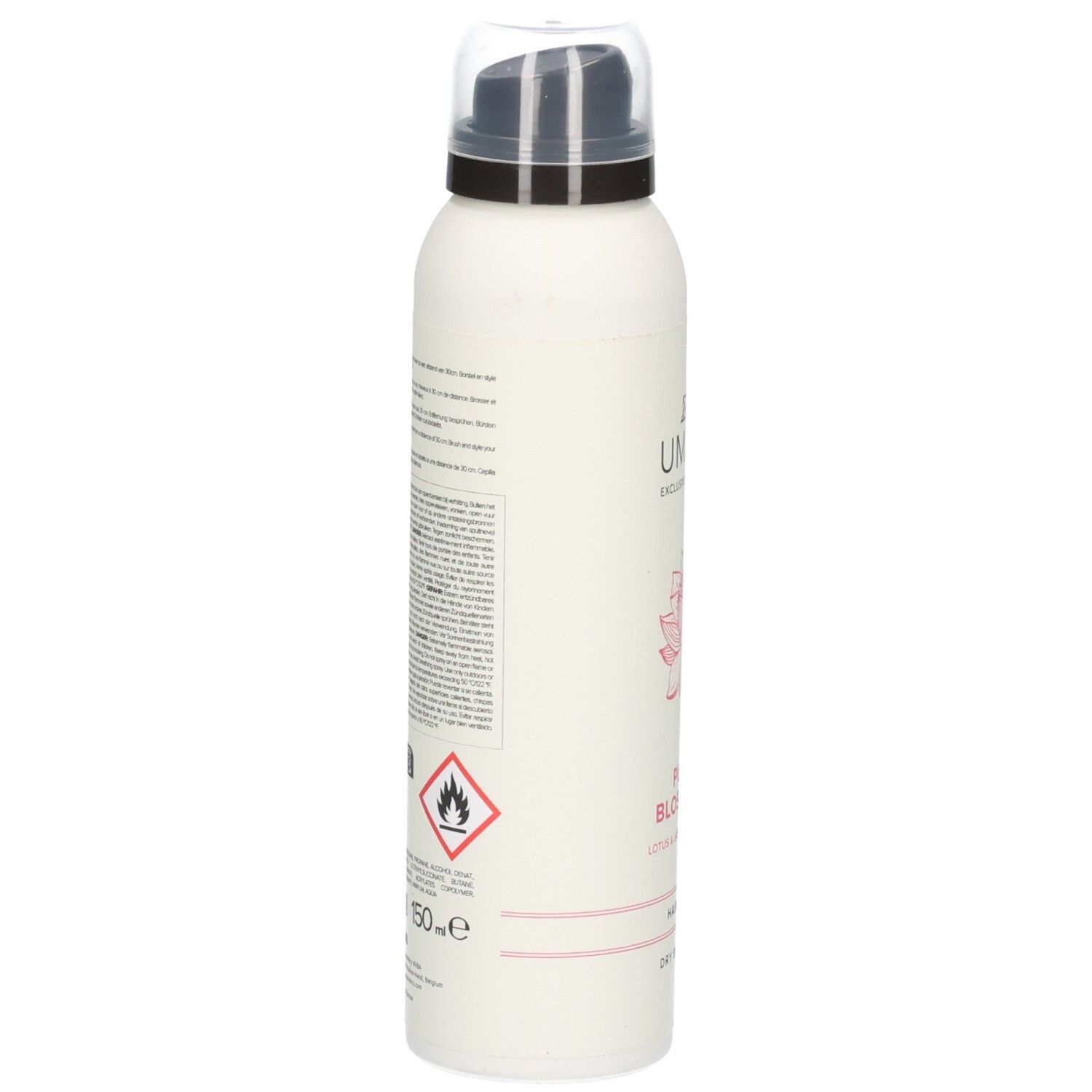 Aérosol blanc avec distributeur à pompe noir et capuchon transparent. Contient des symboles d'avertissement et du texte.