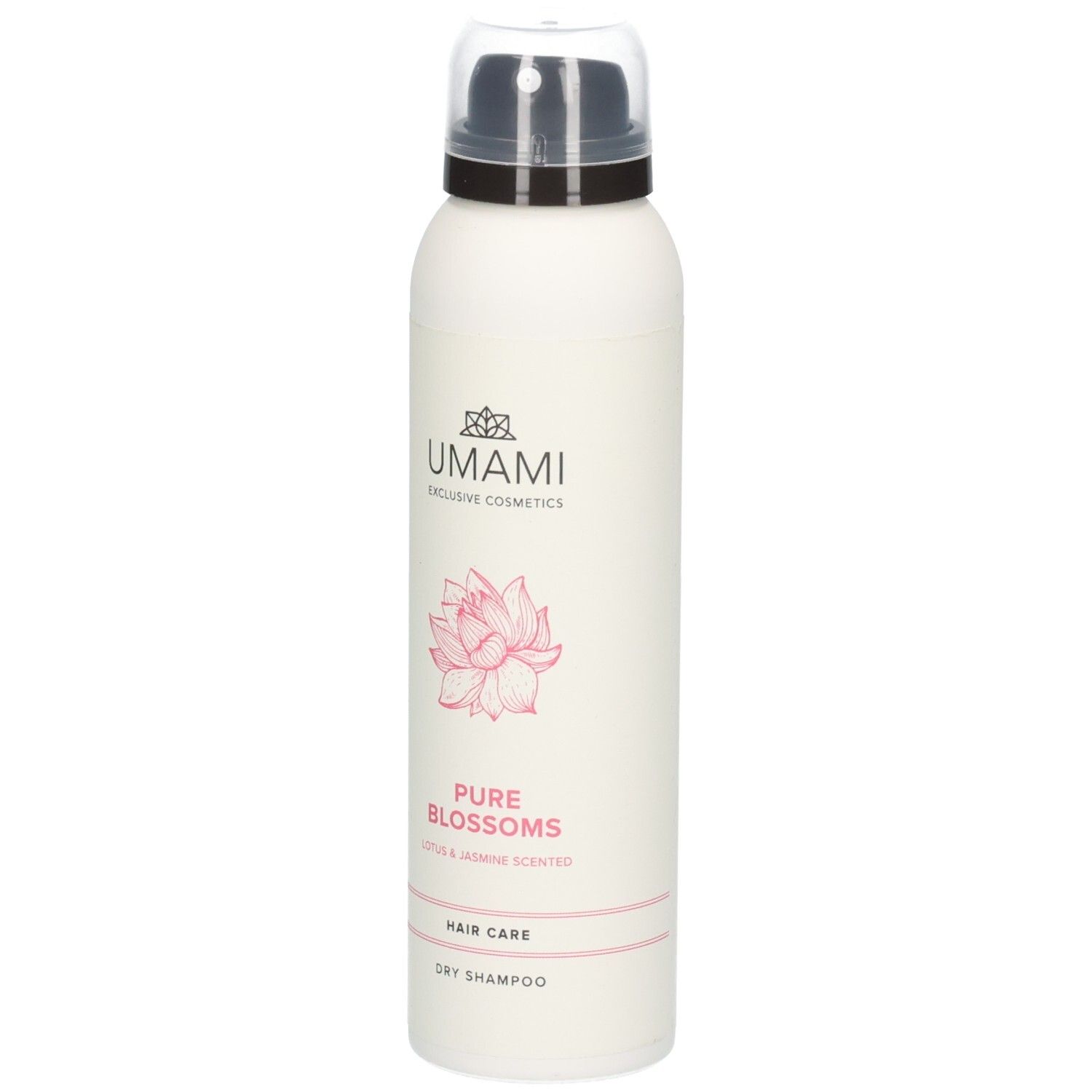 Aérosol blanc avec logo UMAMI, une fleur de lotus et l'inscription "PURE BLOSSOMS DRY SHAMPOO".