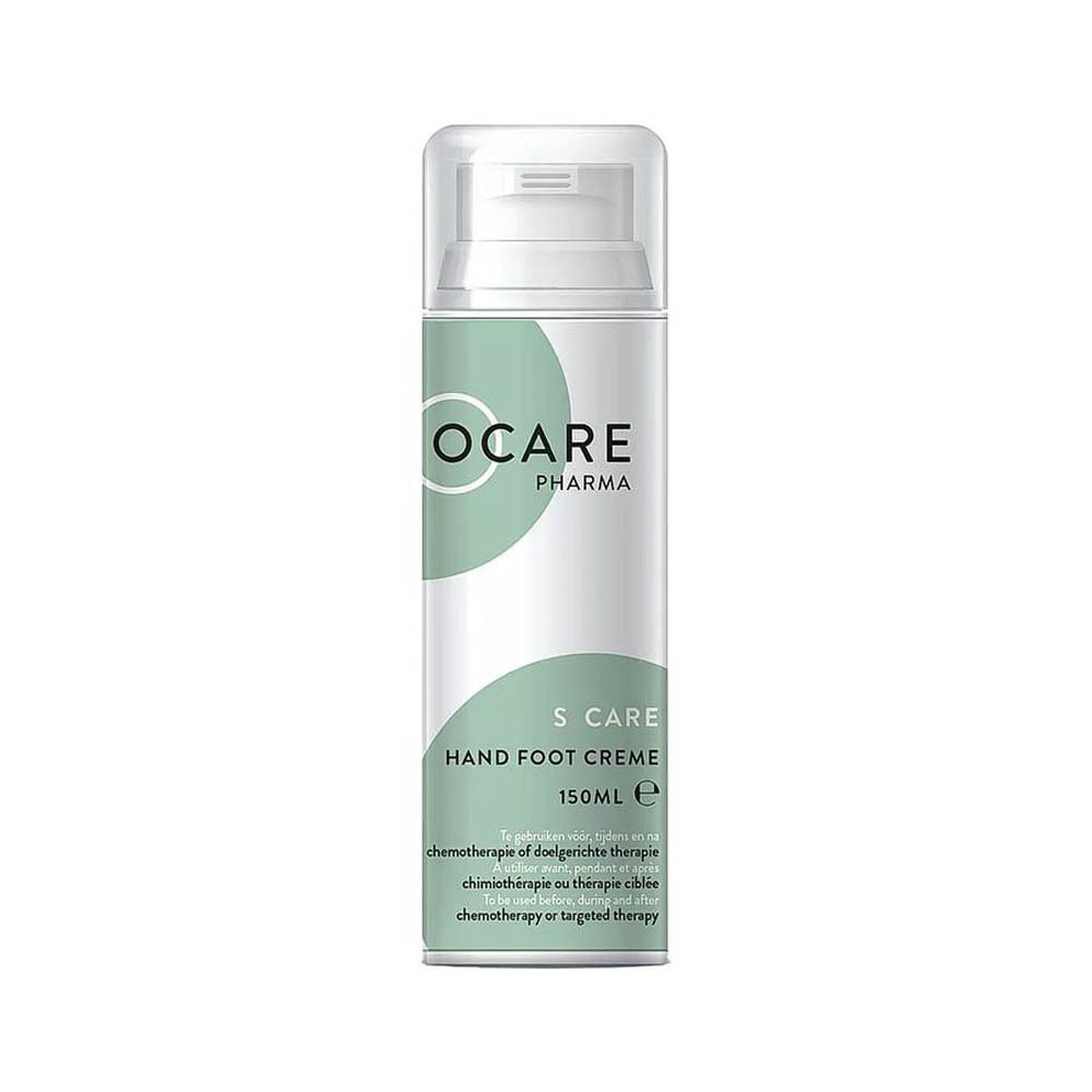 Witte fles met Ocare Pharma logo en tekst. S Care Hand Foot Crème, 150ml. Voor chemotherapie patiënten.