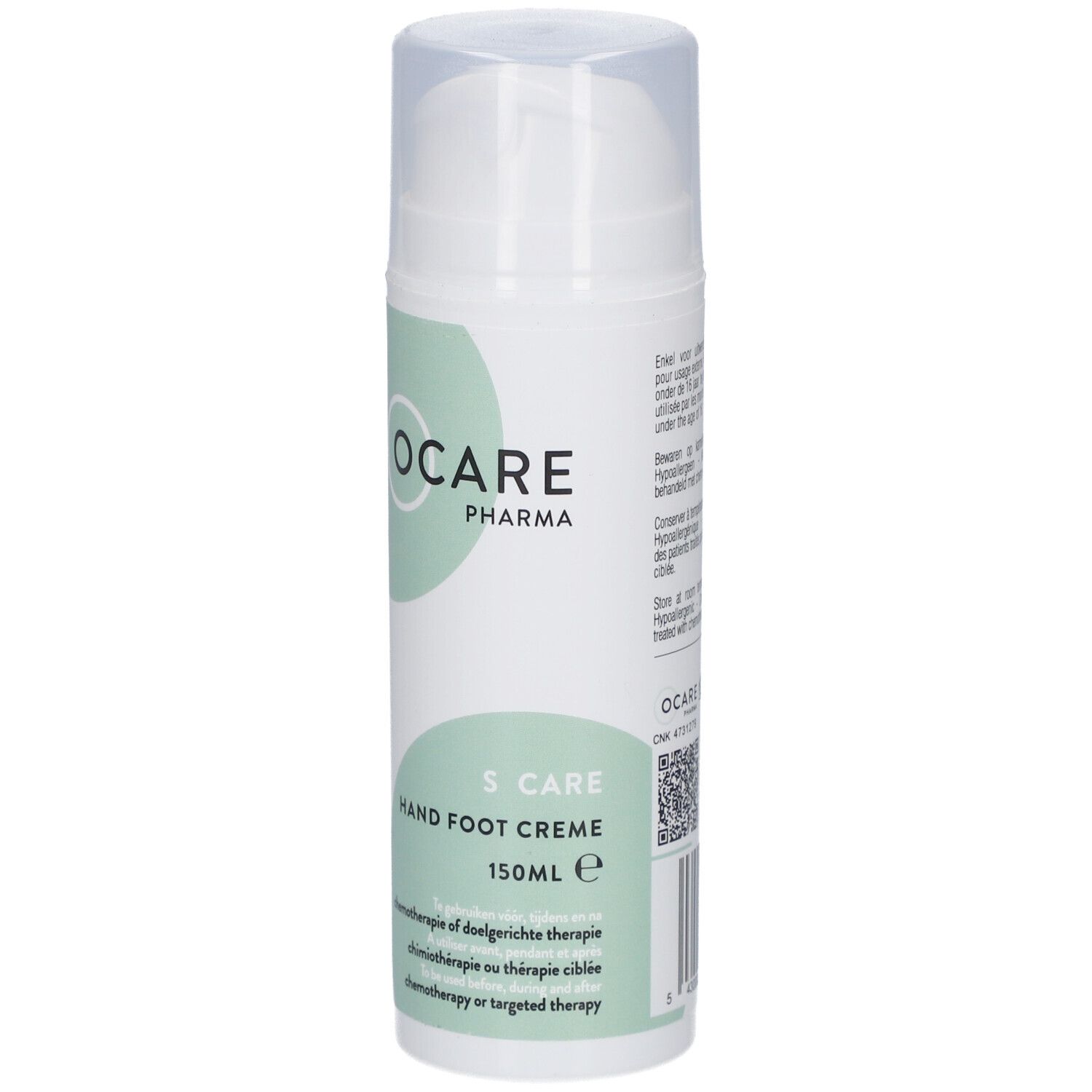 Flacon blanc avec logo Ocare Pharma et texte. S Care Crème Mains & Pieds, 150ml. Pour patients en chimiothérapie.