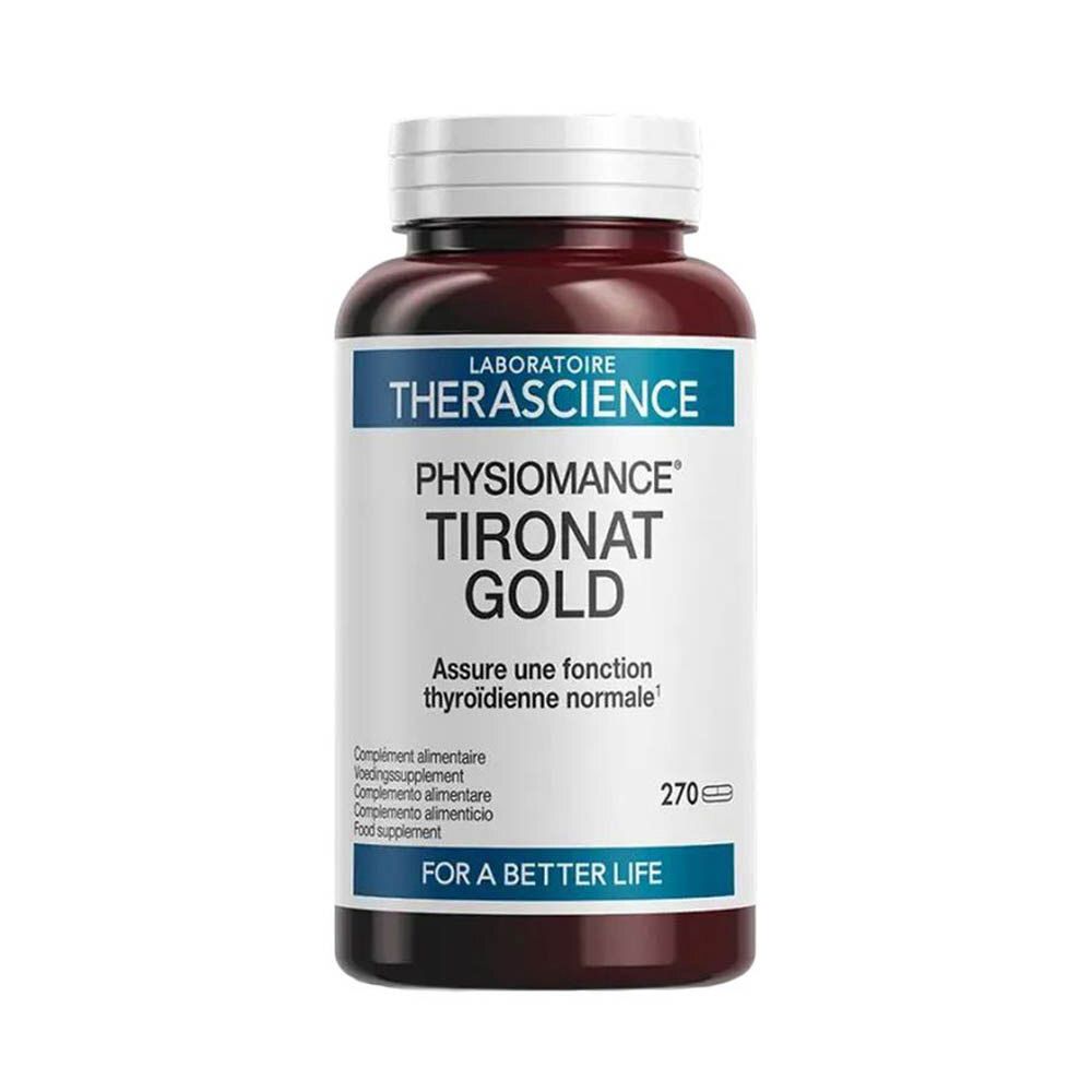Flacon marron avec bouchon blanc. Inscription: Laboratoire Therascience, Physiomance Tironat Gold. Contient 270 comprimés.