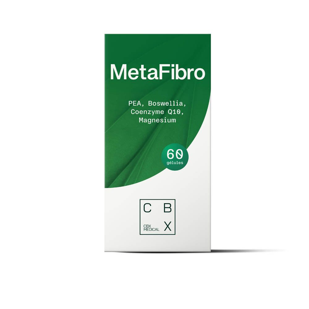 Productverpakking. Opschrift MetaFibro, 60 capsules en logo.