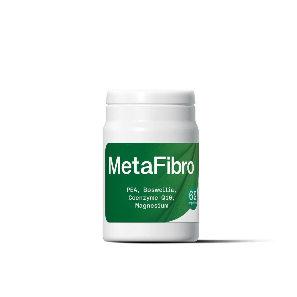 Witte pot met deksel. Opschrift MetaFibro, 60 capsules en logo.