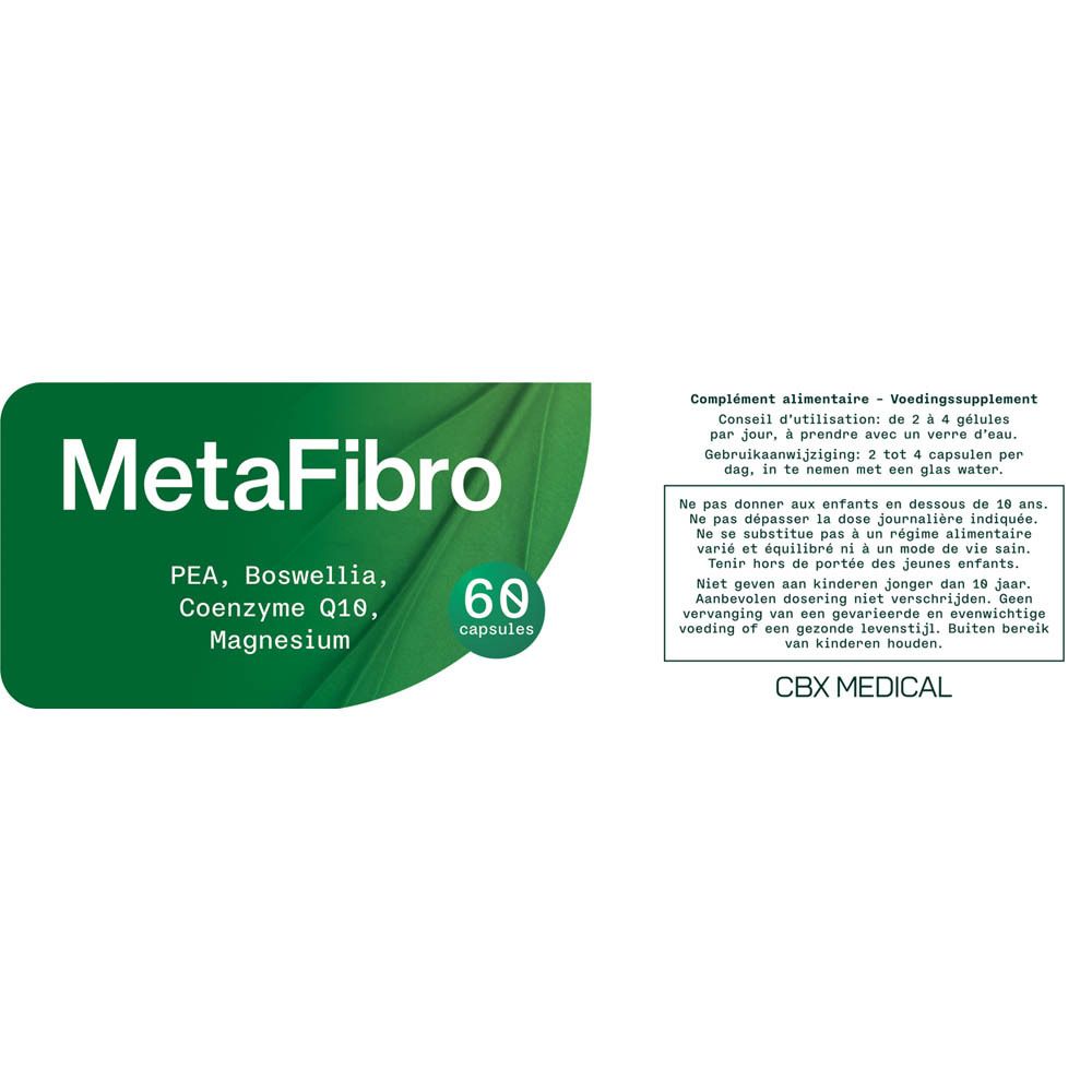 Witte pot met deksel. Opschrift MetaFibro, 60 capsules en logo.