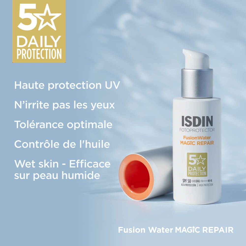 ISDIN Fotoprotector Fusion Water Magic Repair SPF50. Flacon avec pompe. Texte : Protection UV, non irritant.