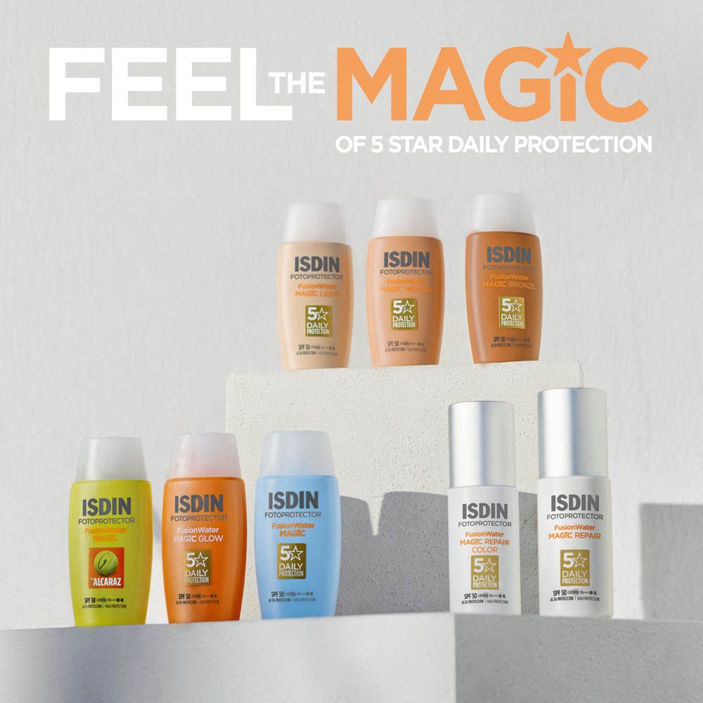 Plusieurs produits ISDIN Fotoprotector. Différentes couleurs et formes.