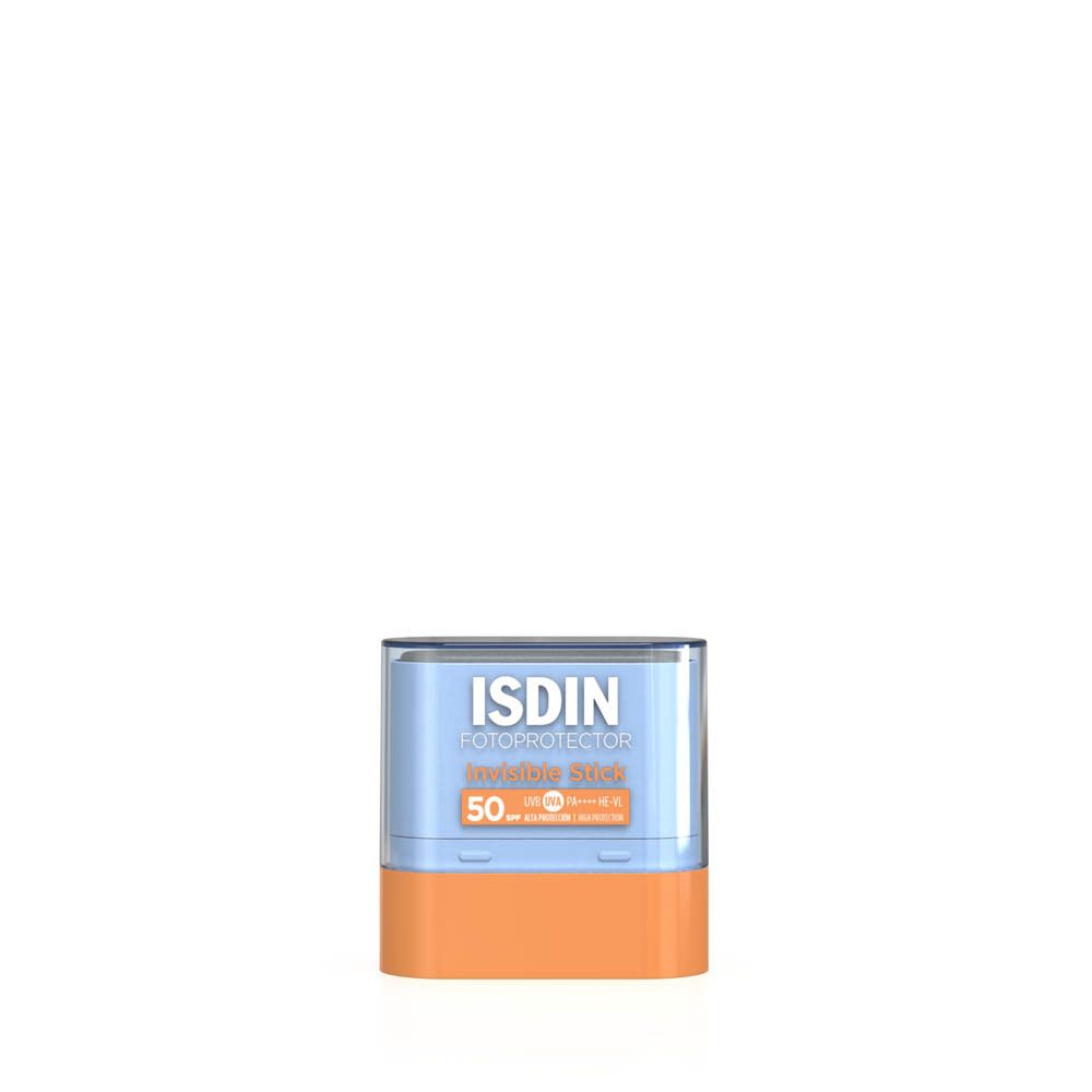 ISDIN Fotoprotector Invisible Stick SPF50. Étui orange et bleu. Texte: Invisible Stick, SPF50.