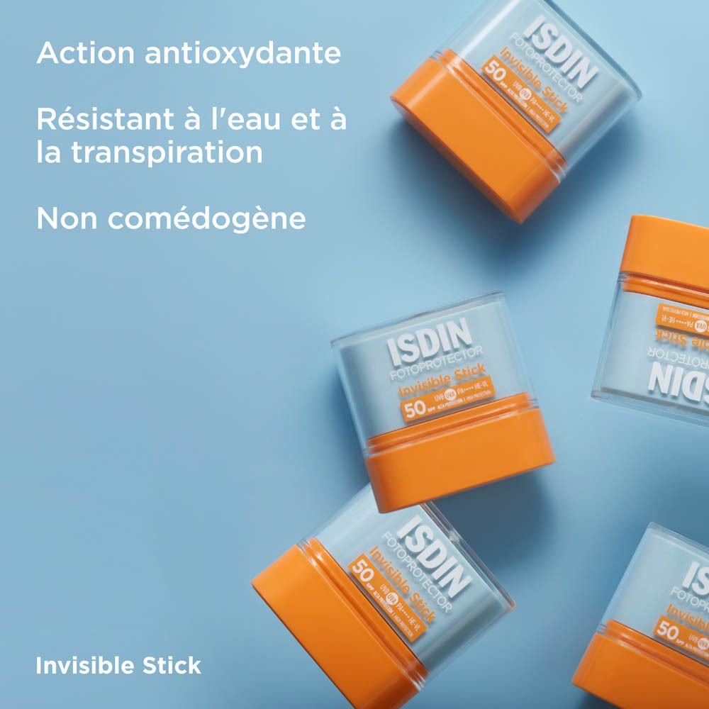 Plusieurs ISDIN Fotoprotector Invisible Sticks. Texte: Action antioxydante, Résistant à l'eau, Non comédogène.
