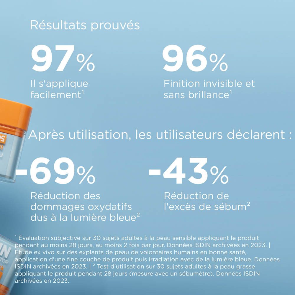 Texte avec pourcentages. Après utilisation: -69% réduction des dommages, -43% réduction du sébum.