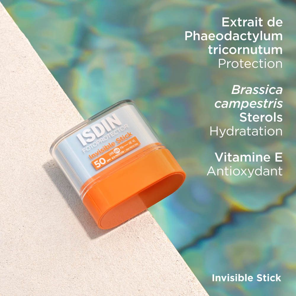 ISDIN Fotoprotector Invisible Stick. Texte: Extrait de Phaeodactylum, Brassica campestris, Vitamine E.
