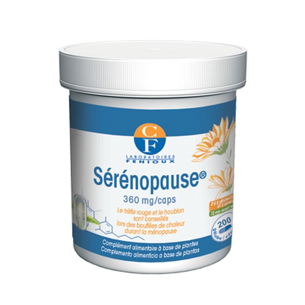 Witte, cilindrische pot met schroefdop. Opschrift Sérénopause®, 360 mg/caps. Voedingssupplement op basis van planten.
