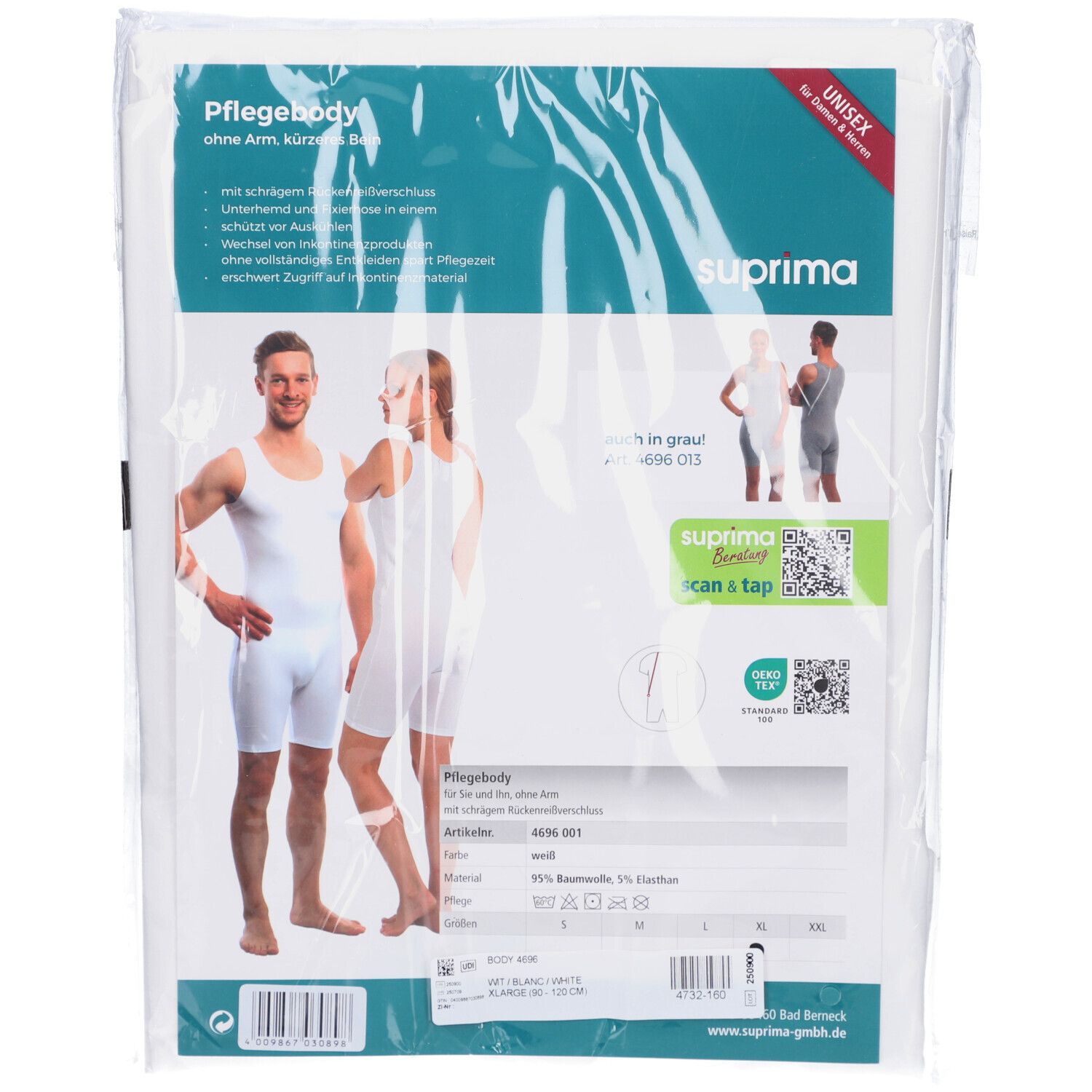 Emballage d'un body blanc sans manches. Inscriptions : suprima, Unisex, OEKO-TEX Standard. Représentation d'un homme et d'une femme en body.
