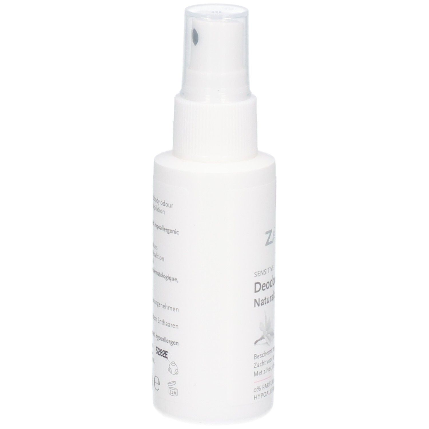 Flacon spray blanc avec déodorant pour peaux sensibles. Inscription : "Z... Sensitive Deodorant Natural".