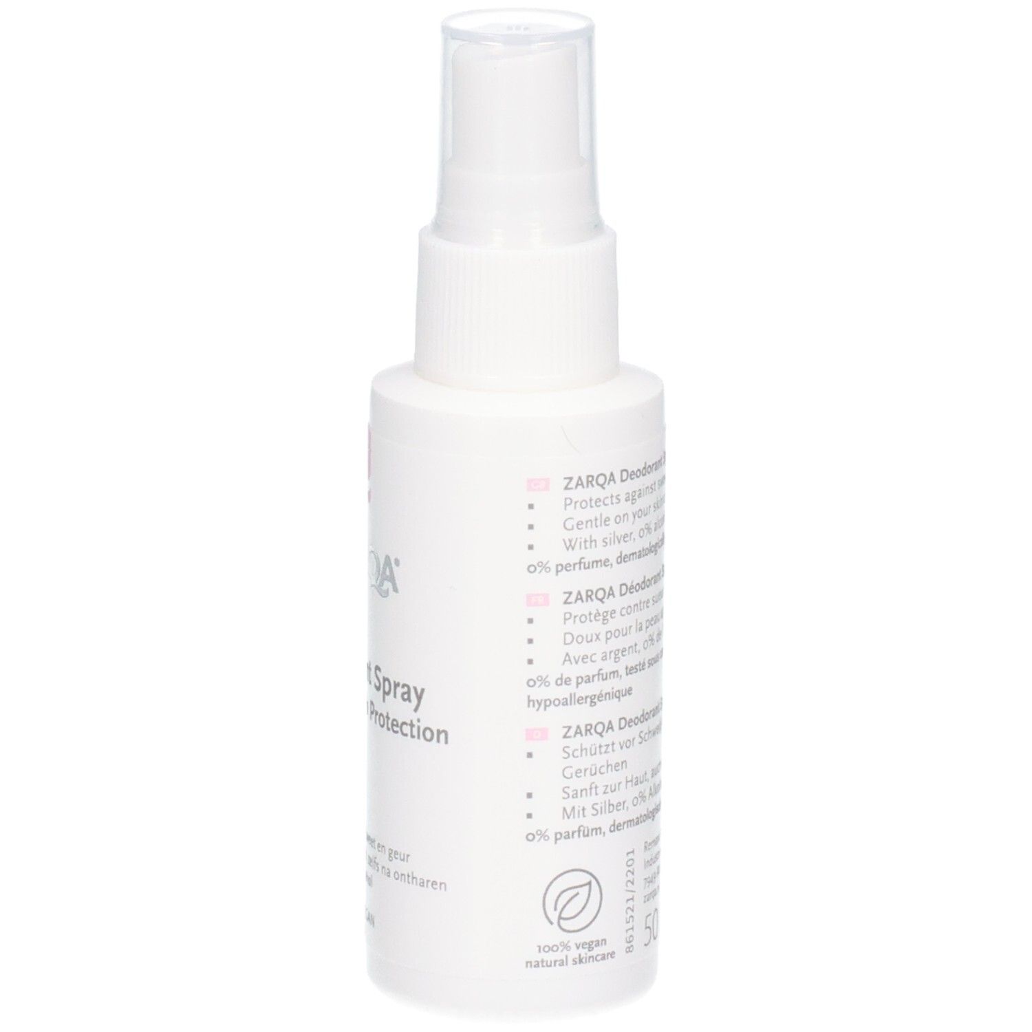 ZARQA Déodorant Spray Protection au argent, 0% parfum, testé dermatologiquement.