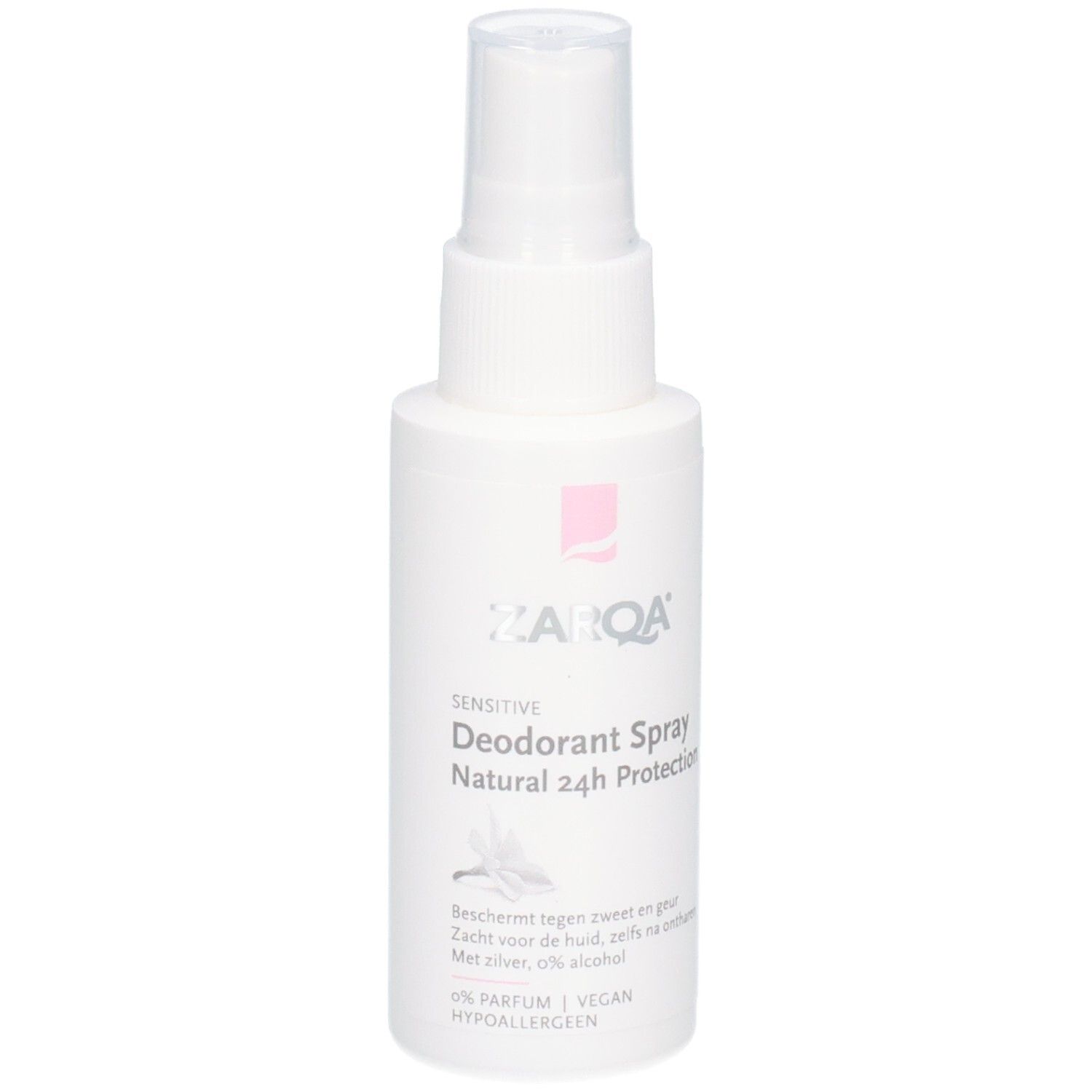 Zarqa Déodorant Spray Sensitive Natural 24h Protection. Flacon pompe blanc avec logo rose. 0% parfum, vegan, hypoallergénique.
