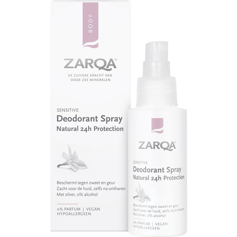 Zarqa Deodorant Spray Sensitive Natural 24h Protection. Witte sprayflacon met doos. Bevat 0% parfum, is vegan en hypoallergeen.