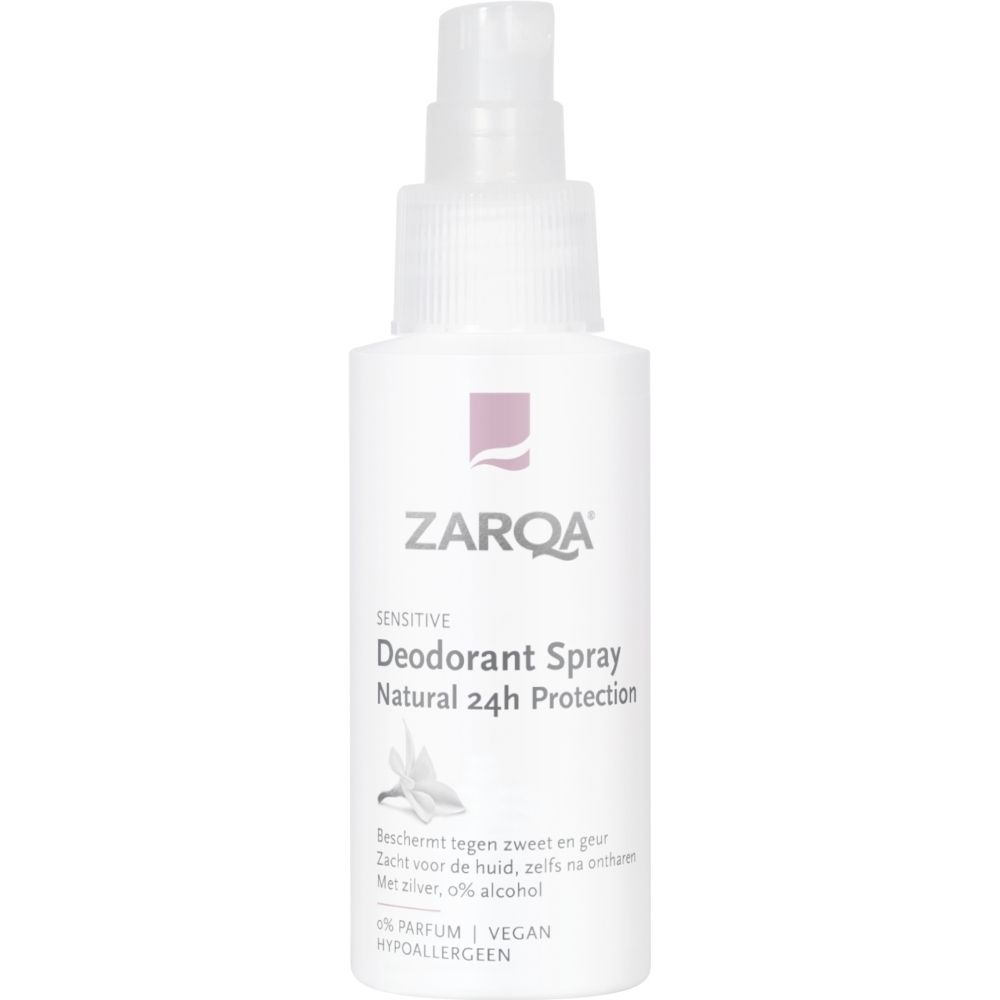 ZARQA Sensitive Deodorant Spray Natural 24h Protection. Witte spuitfles met roze logo. 0% parfum, vegan, hypoallergeen.