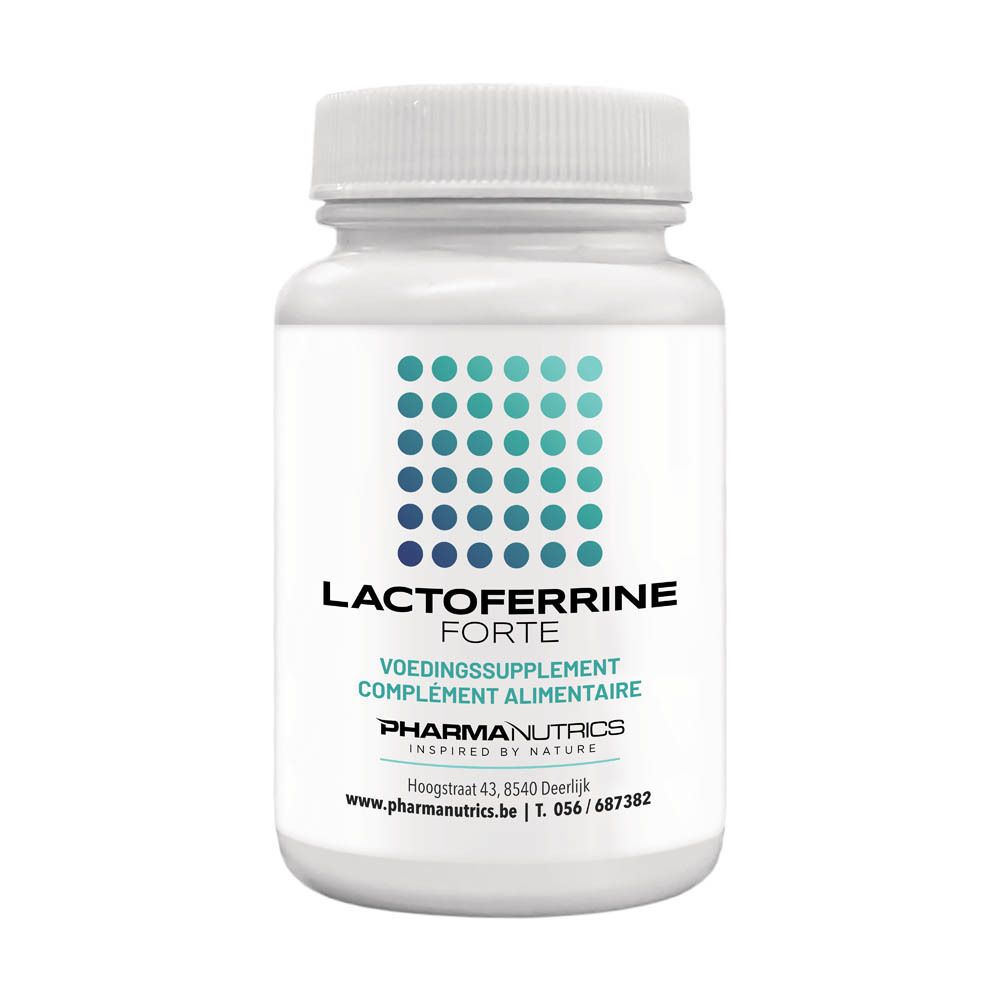 Witte fles met capsules. Opschrift: Lactoferrine Forte, 30 V-capsules, PharmaNutrics.