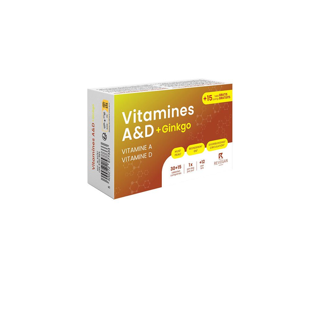 Boîte Nutritic Vitamines A & D + Ginkgo. Contient 30+15 comprimés. Texte: Vitamine A, D.