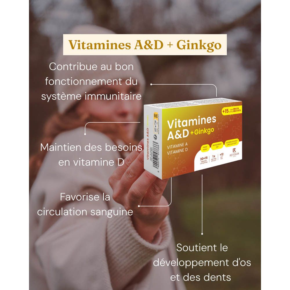 Emballage produit avec texte et illustrations. Contient Vitamines A&D + Ginkgo. Comprimés supplémentaires.