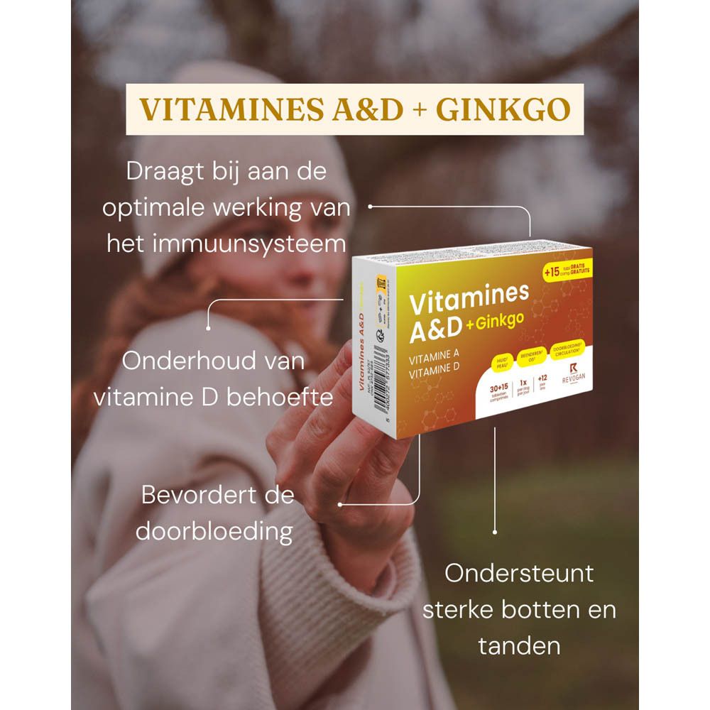 Productafbeelding met tekst. Bevat Vitamines A&D + Ginkgo. Voordelen: gezonde huid, celdeling, jong en oud.