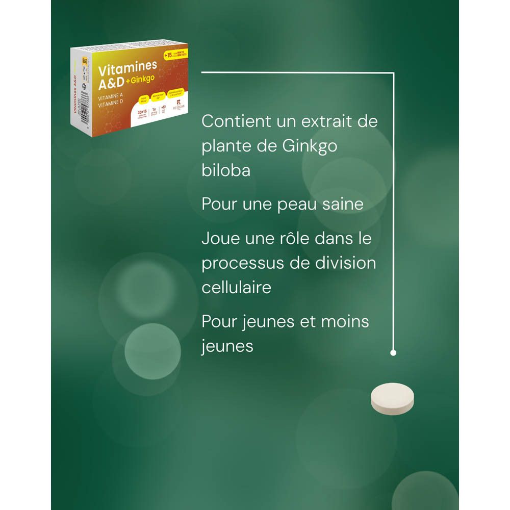 Visuel produit avec texte. Contient Vitamines A&D + Ginkgo. Bénéfices : immunité, vitamine D, circulation.