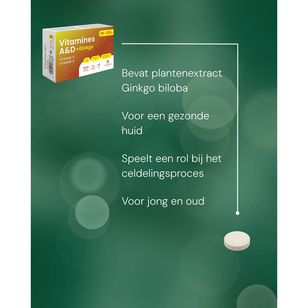 Productafbeelding met tekst. Bevat Vitamines A&D + Ginkgo. Voordelen: immuunsysteem, vitamine D, bloedsomloop.