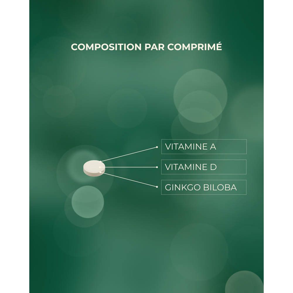 Visuel produit avec texte. Contient Vitamines A&D + Ginkgo. Ingrédients : Vitamine A, D, Ginkgo Biloba.