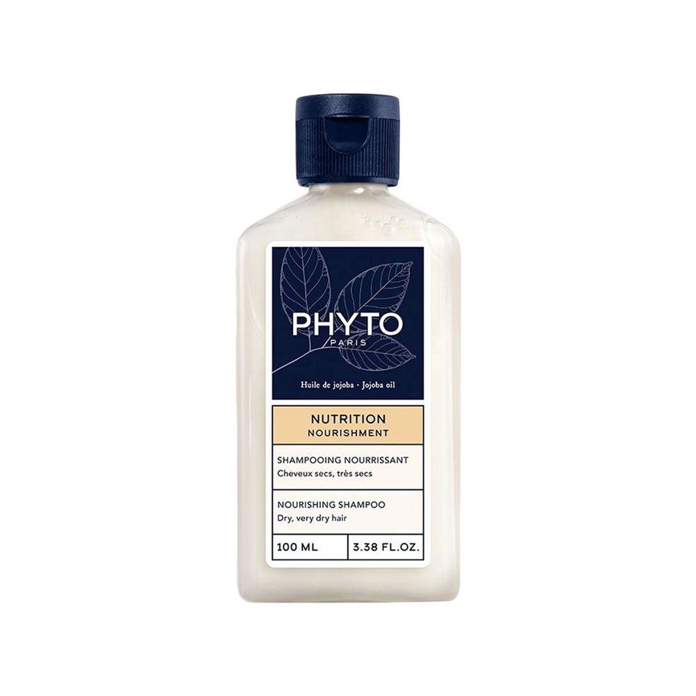 Flacon de shampooing. Étiquette blanche avec logo et informations produit. Bouchon bleu. "Nutrition Nourrissant" et "100 ml" visibles.