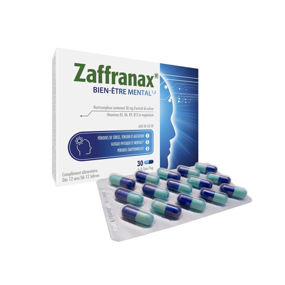 Boîte de Zaffranax Bien-Être Mental avec 30 gélules. Gélules en blister. Inscription: périodes de stress, tension et agitation, fatigue physique et mentale, périodes émotionnelles.