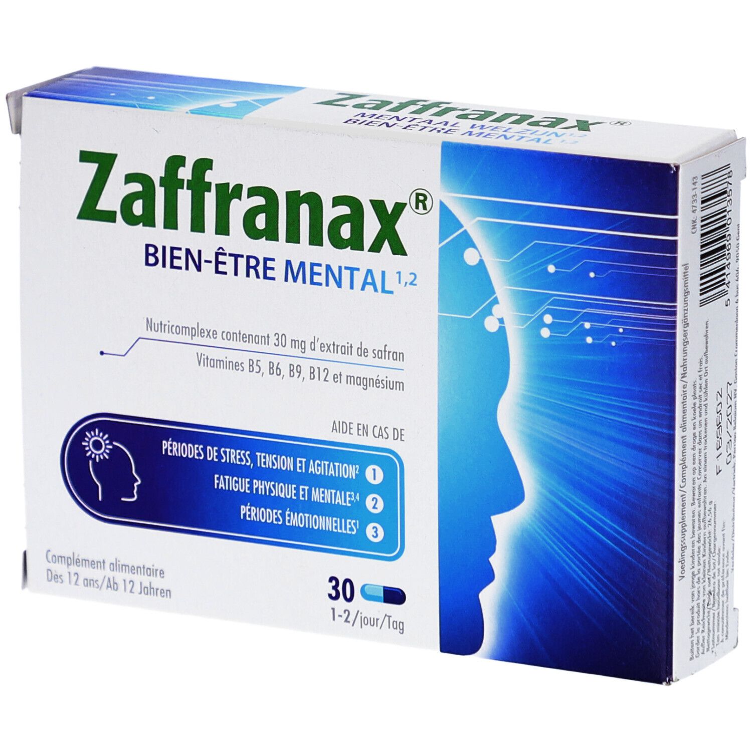 Doosje Zaffranax Mentaal Welzijn. Bevat 30 capsules. Opschrift: périodes de stress, tension et agitation, fatigue physique et mentale, périodes émotionnelles.