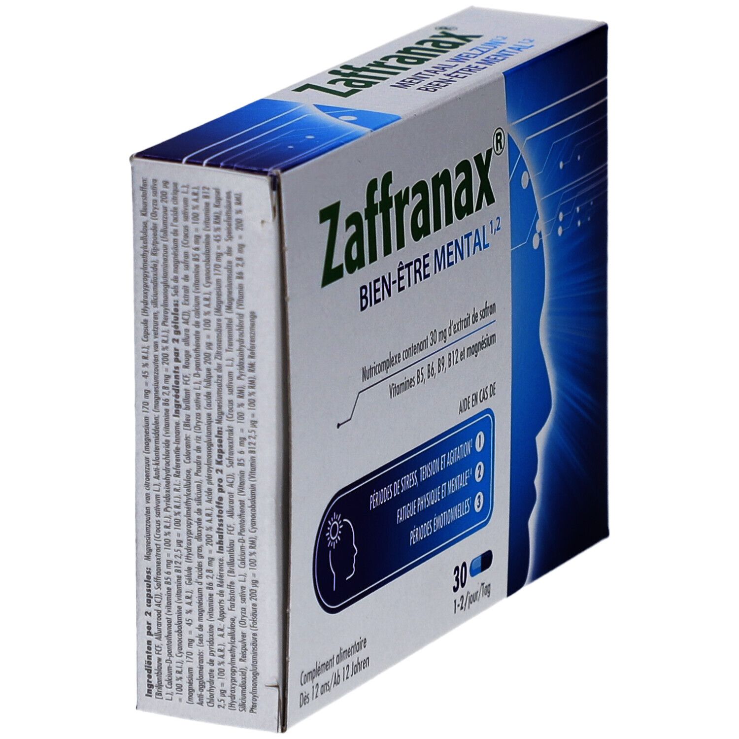 Doosje Zaffranax Mentaal Welzijn. Bevat 30 capsules. Opschrift: périodes de stress, tension et agitation, fatigue physique et mentale, périodes émotionnelles.