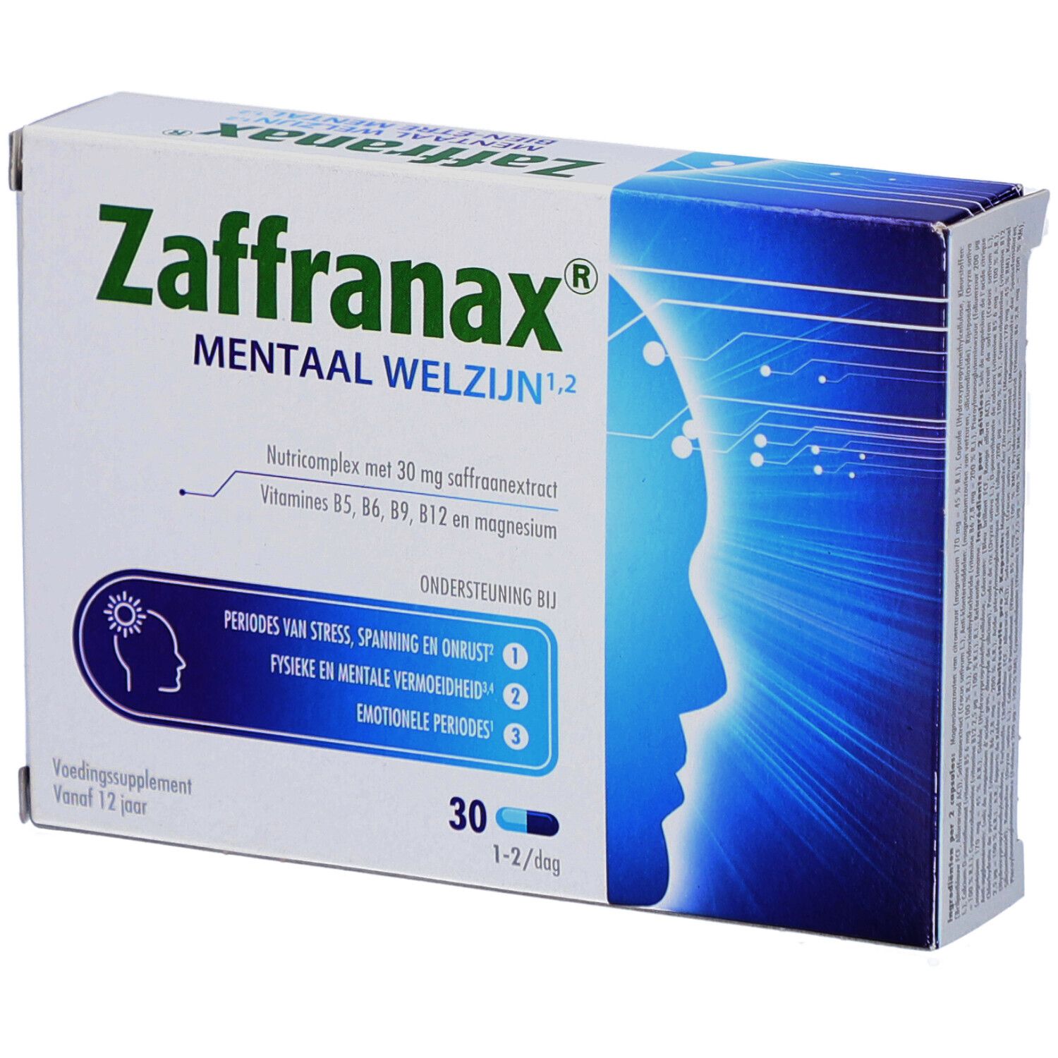 Doosje Zaffranax Mentaal Welzijn. Bevat 30 capsules. Opschrift: périodes van stress, spanning en onrust, fysieke en mentale vermoeidheid, emotionele periodes.