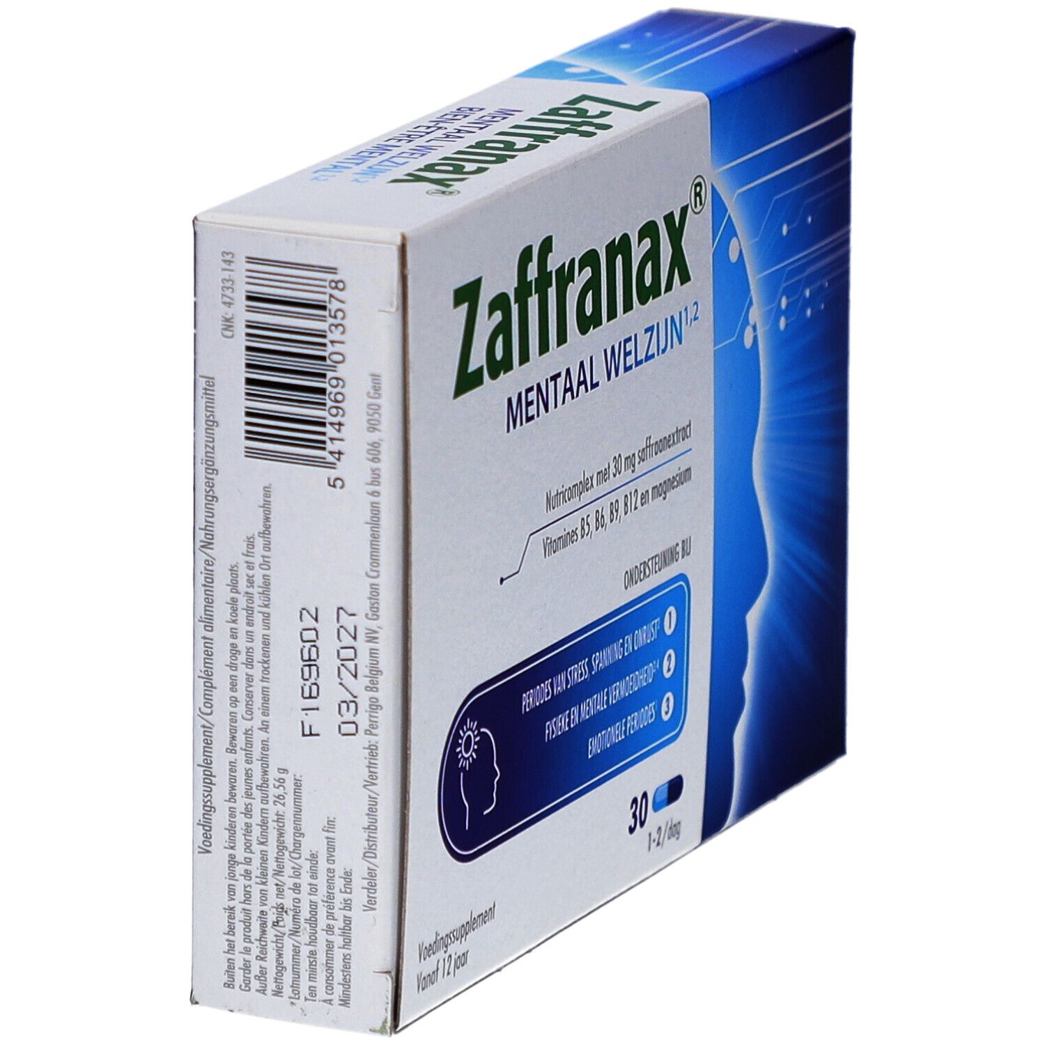 Doosje Zaffranax Mentaal Welzijn. Bevat 30 capsules. Opschrift: périodes van stress, spanning en onrust, fysieke en mentale vermoeidheid, emotionele periodes.