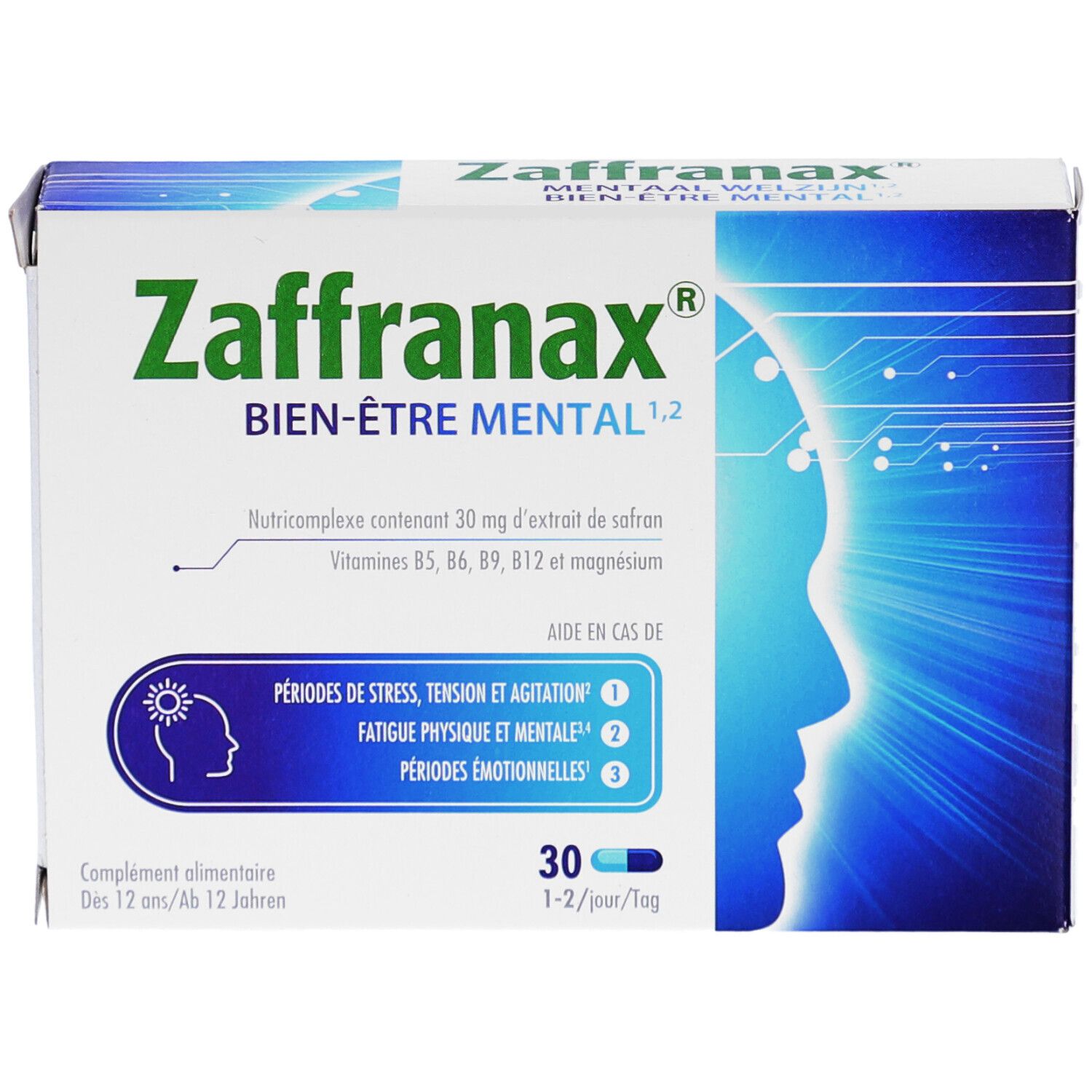 Doosje Zaffranax Mentaal Welzijn. Bevat 30 capsules. Opschrift: périodes de stress, tension et agitation, fatigue physique et mentale, périodes émotionnelles.