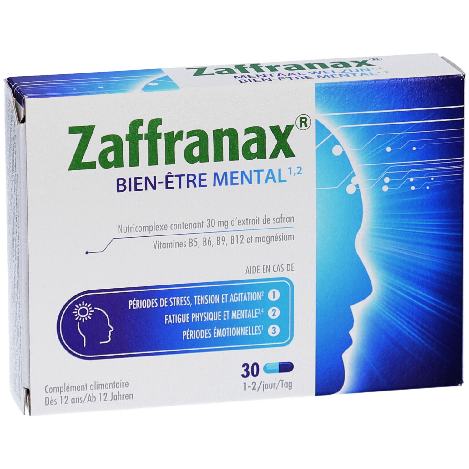 Doosje Zaffranax Mentaal Welzijn. Bevat 30 capsules. Opschrift: périodes de stress, tension et agitation, fatigue physique et mentale, périodes émotionnelles.