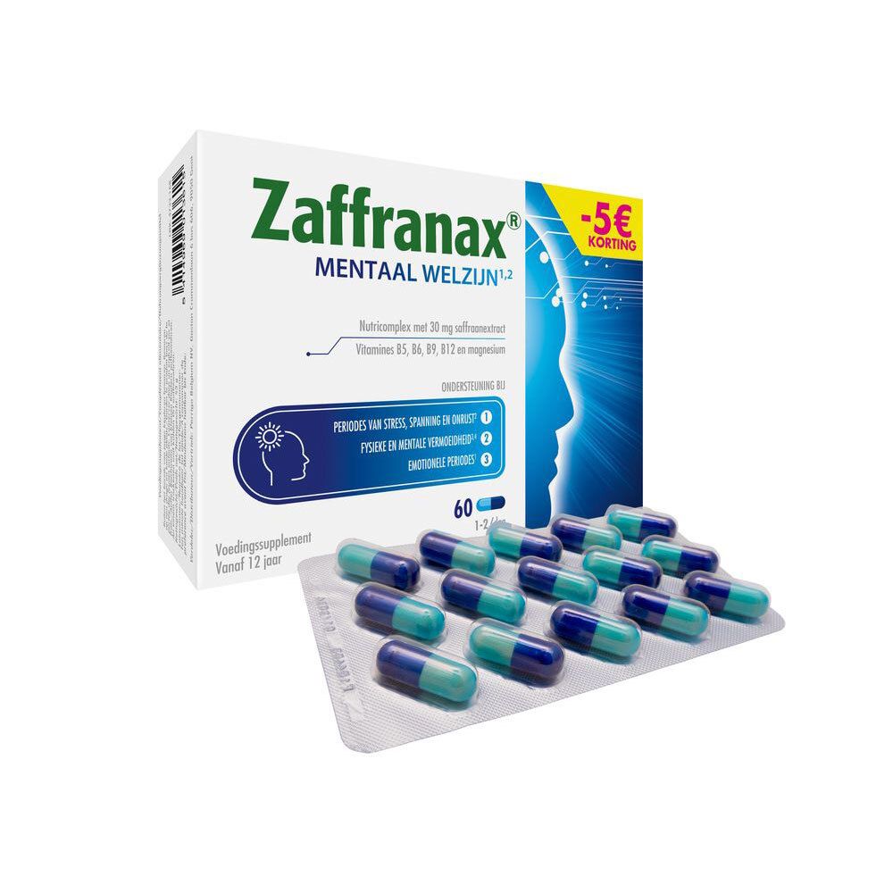 Zaffranax Mentaal Welzijn doos met 60 capsules. Blisterverpakking met capsules ernaast. -5 € korting.