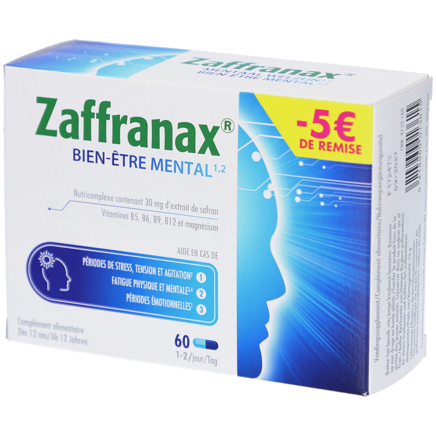 Doos Zaffranax Mentaal Welzijn. 60 capsules. -5 € korting. Helpt bij stress, spanning en onrust.