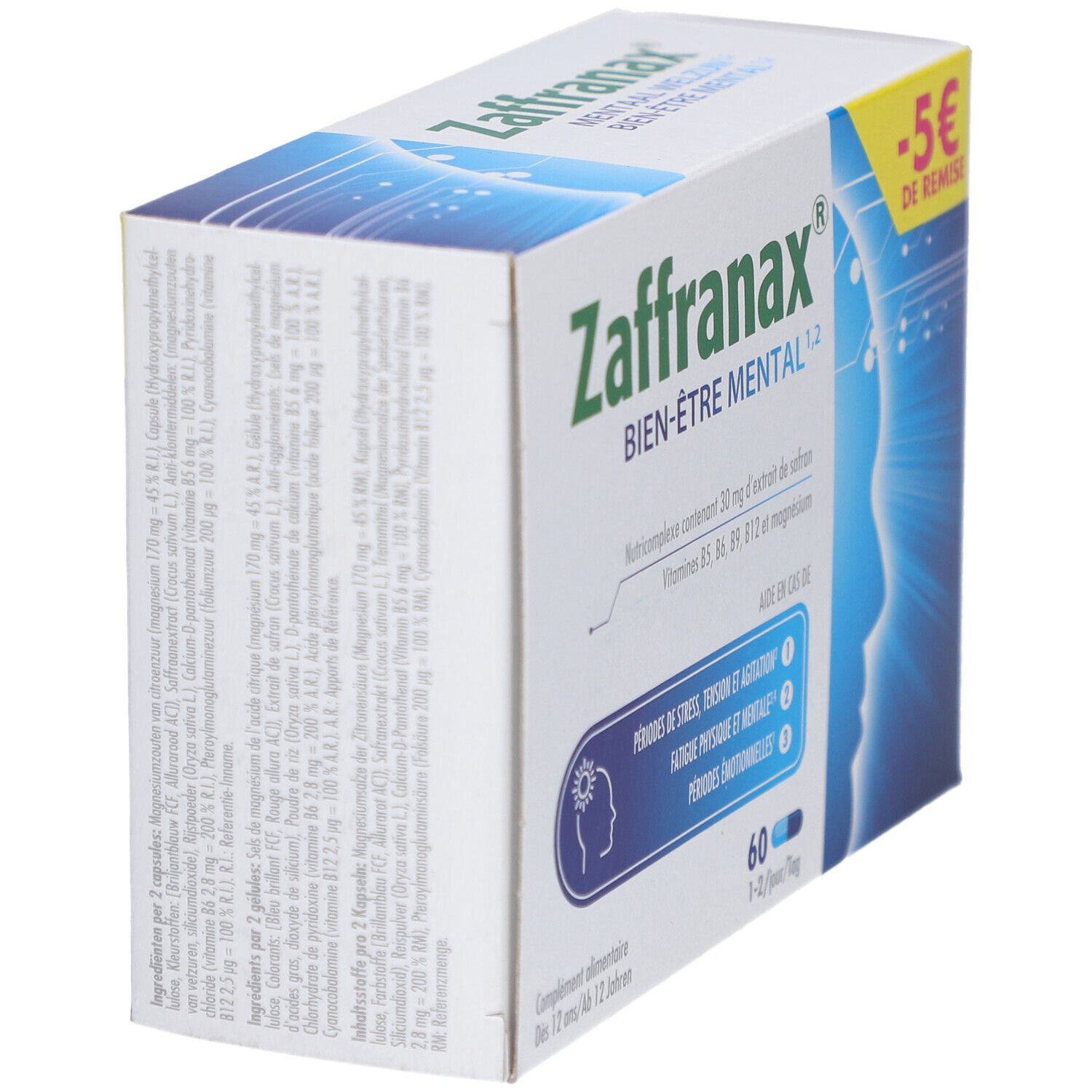 Zijaanzicht van de Zaffranax doos. Informatie over ingrediënten en voedingswaarden. Sticker -5 € korting.