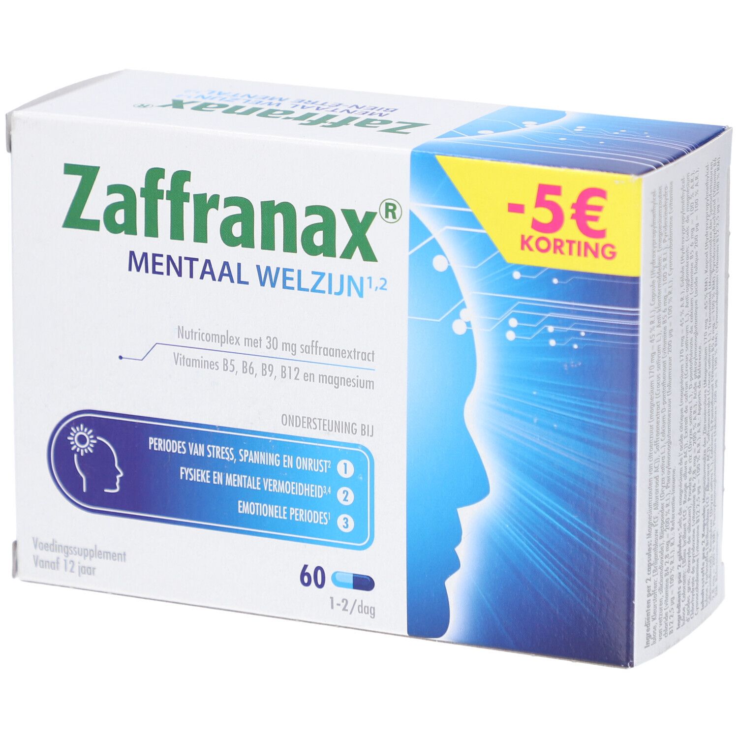Doos Zaffranax Mentaal Welzijn. 60 capsules. -5 € korting. Helpt bij stress, spanning en onrust.