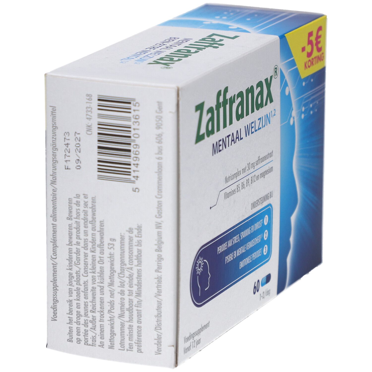 Zijaanzicht van de Zaffranax doos. Informatie over ingrediënten en voedingswaarden. Sticker -5 € korting.