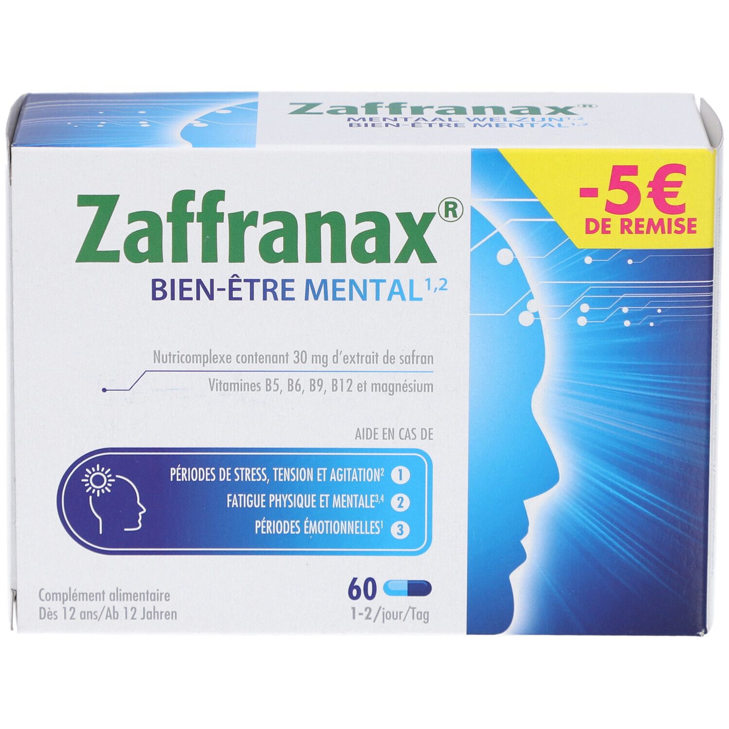 Doos Zaffranax Mentaal Welzijn. 60 capsules. -5 € korting. Helpt bij stress, spanning en onrust.