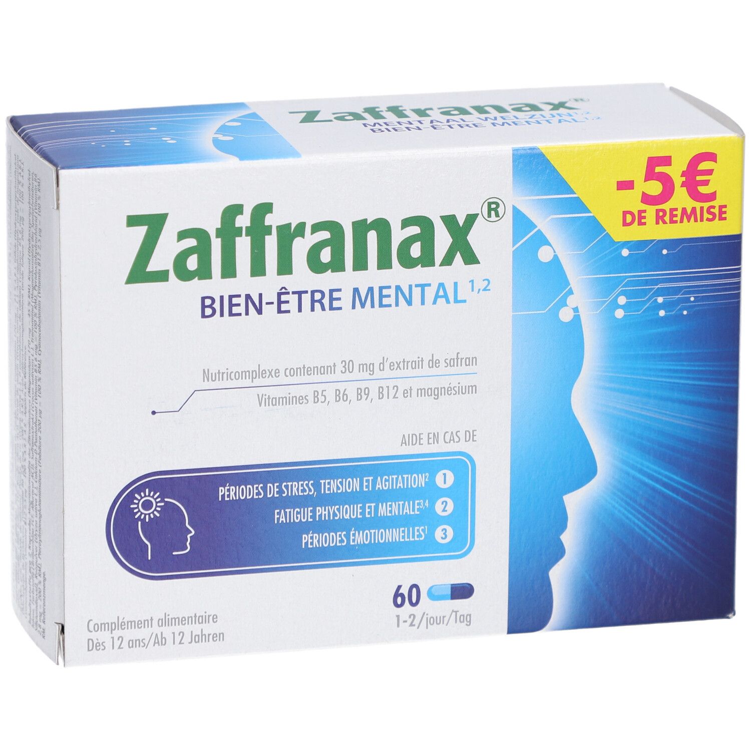 Doos Zaffranax Mentaal Welzijn. 60 capsules. -5 € korting. Helpt bij stress, spanning en onrust.