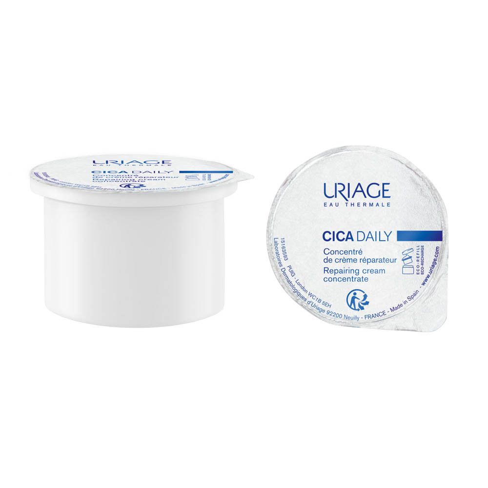 Uriage CICA Daily navulling. Witte verpakking. Tekst en logo. Herstellende crème.